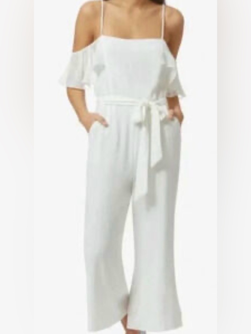 Avec Les Filles White Cold Shoulder Wide Leg Cropped Jumpsuit